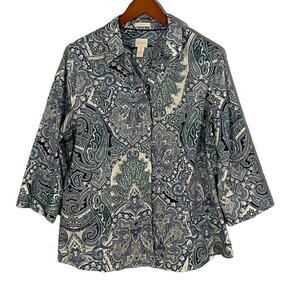 Chico's Cotton Non-Iron Blue Paisley V-Neck Button Down 3/4 Sleeve Shirt, XL